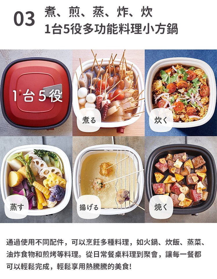 recolte Carre 調理鍋：煮、煎、蒸、炸、炊五種模式示意（含燒烤盤配置）