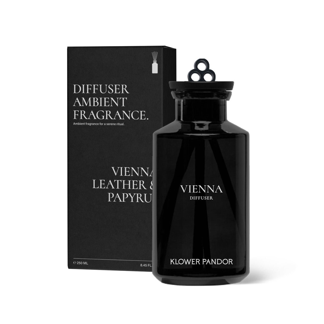KLOWER PANDOR 維也納藏書館 250ml 霧黑圓柱擴香瓶與外盒（Vienna Leather & Papyrus）