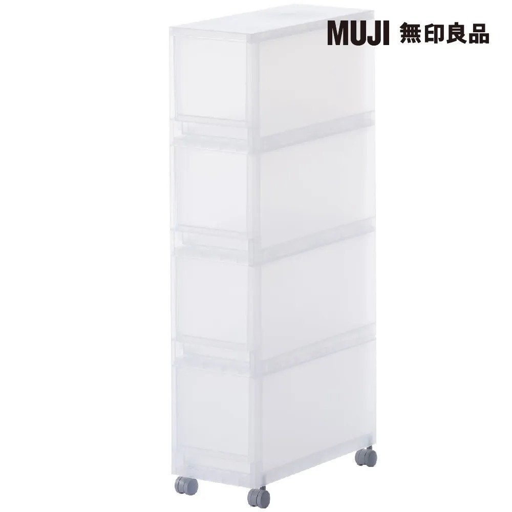 MUJI 無印良品 PP附輪收納箱 18cm寬 4層，白色半透明聚丙烯材質搭配四層抽屜與底部滑輪；商品圖來源：momo 購物網