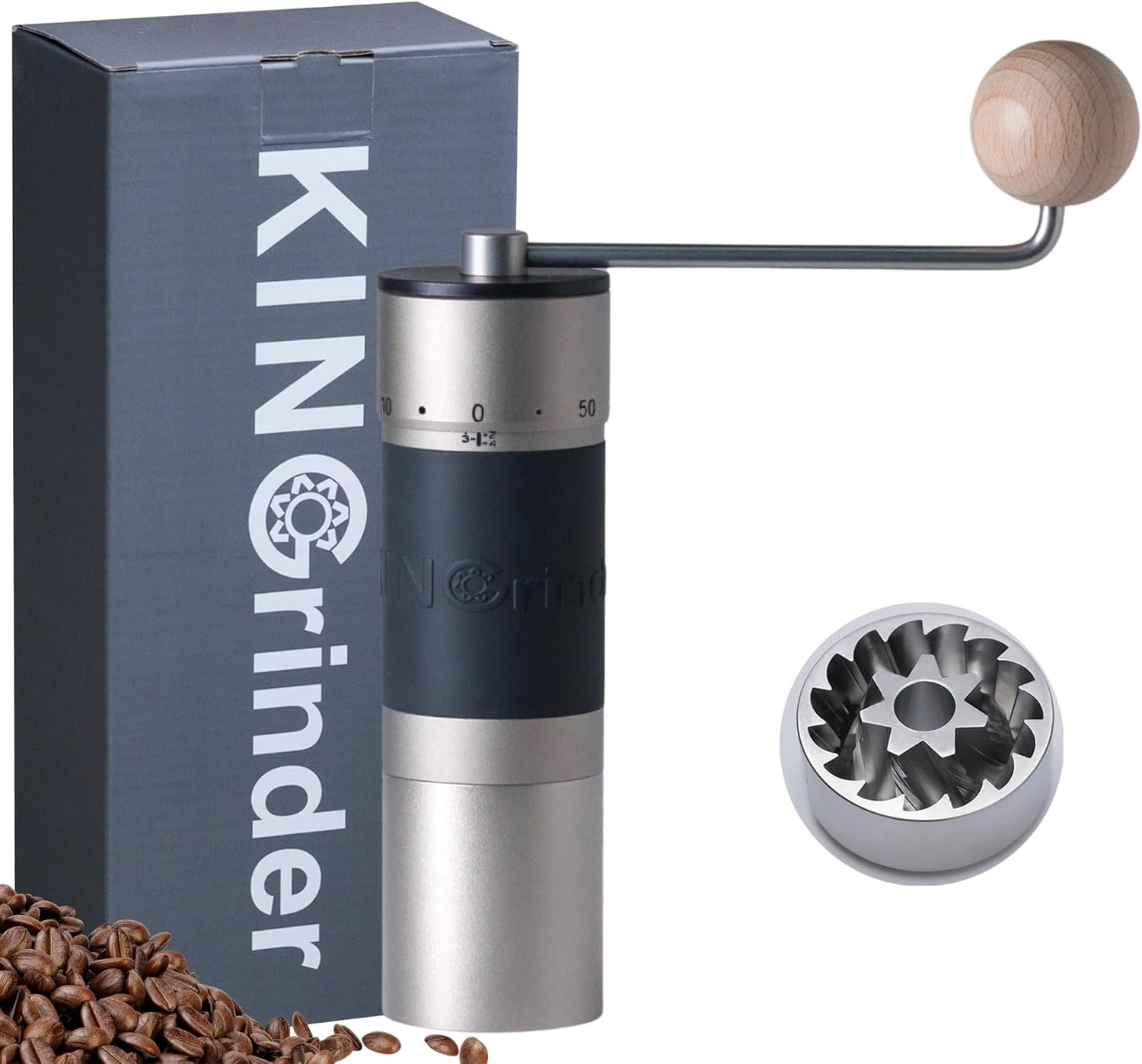 KINGrinder K6 手搖磨豆機,全鋁合金機身搭配上調式刻度環;商品圖來源:Amazon